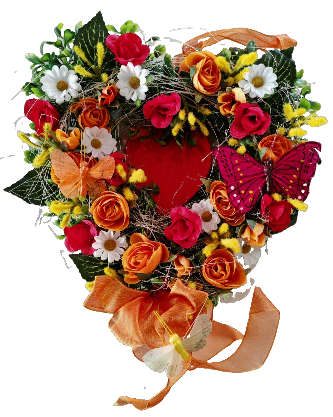 Frühlingskranz Türkranz 25 cm Kunstblumen Rosen Schmetterlinge Herz Orange E6