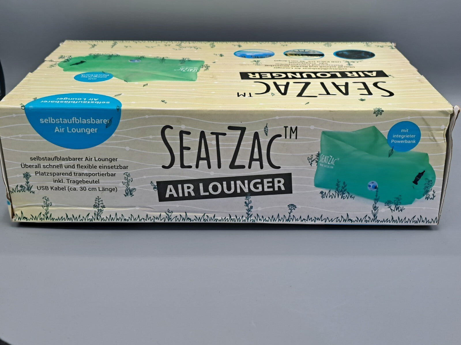 SeatZac Air Lounger Luftsofa Sitzsack selbstaufblasbar + Powerbank Blau