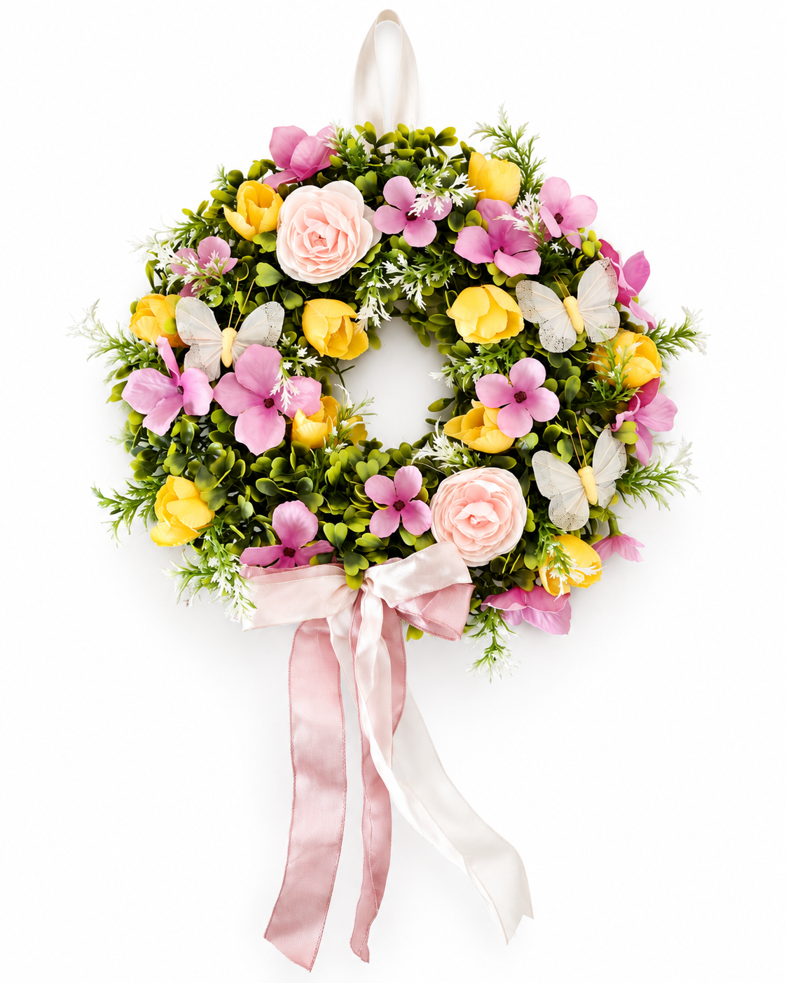 Wandkranz Hortensien Rosa Gelb Blumenkranz Türkranz Schmetterlinge Frühling HA18