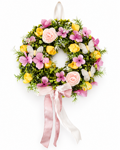 Wandkranz Hortensien Rosa Gelb Blumenkranz Türkranz Schmetterlinge Frühling HA18