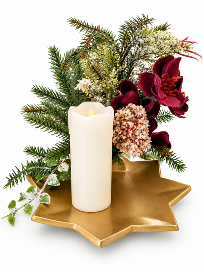 Sternenteller Magnolie mit LED Kerze Weihnachtsdeko Adventsgesteck Gold 22cm A31
