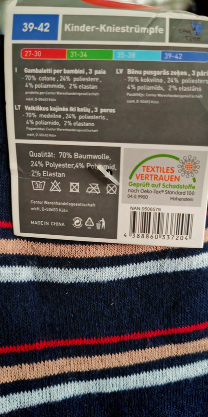 Tom Tino Kinder Kniestrümpfe 3 Paar Gr. 39-42 Kniesocken bequem weich
