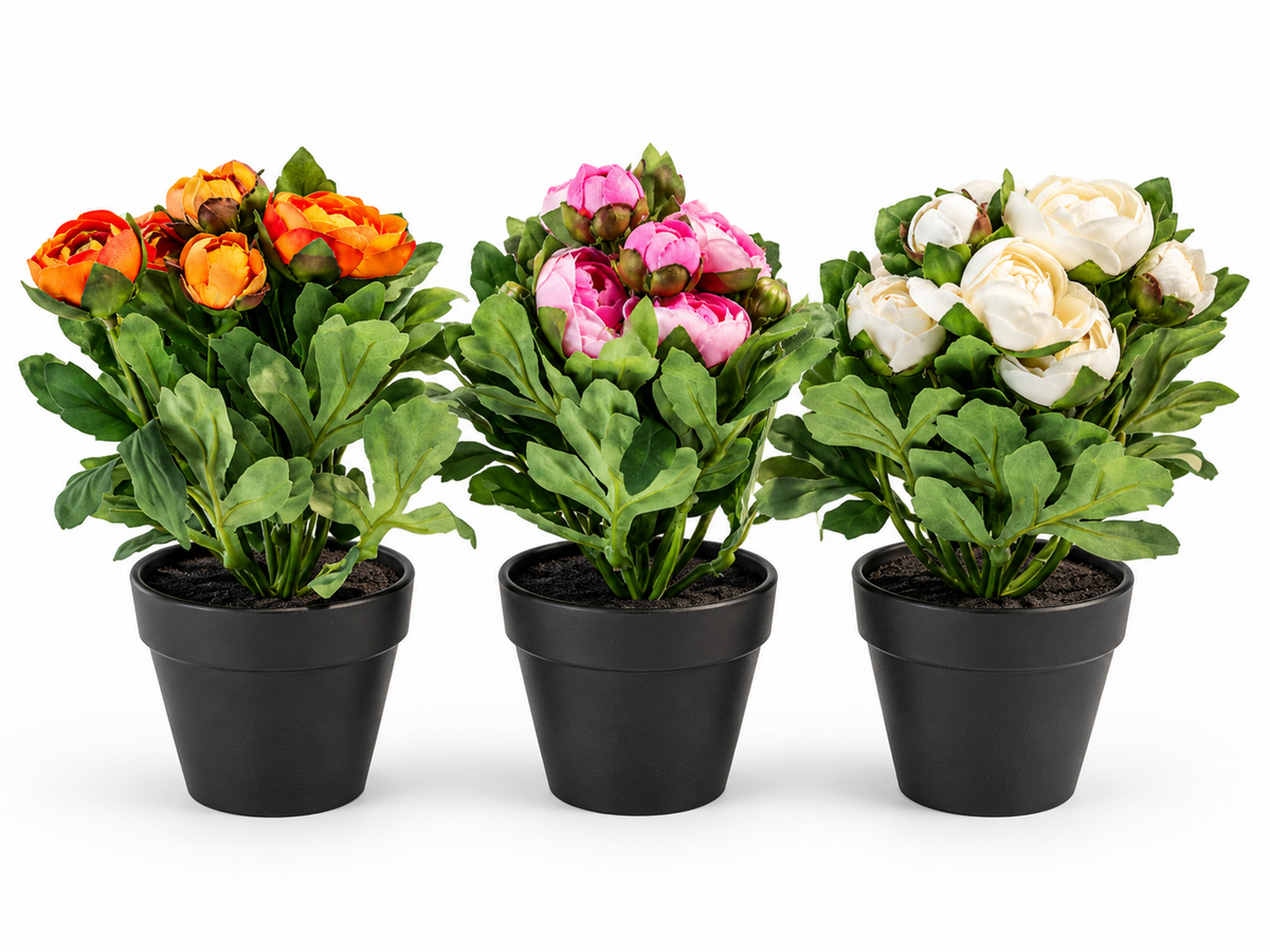 Künstliche Ranunkeln 3er Set im Topf Kunstblumen Orange Rosa Weiß 20 cm E7