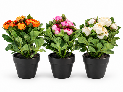 Künstliche Ranunkeln 3er Set im Topf Kunstblumen Orange Rosa Weiß 20 cm E7
