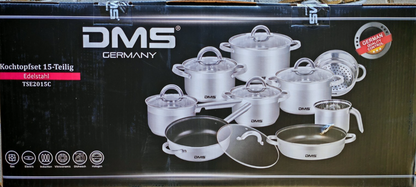 DMS TSE2015C Topfset 15tlg Edelstahl Glasdeckel Induktion Kochgeschirr HO-A17