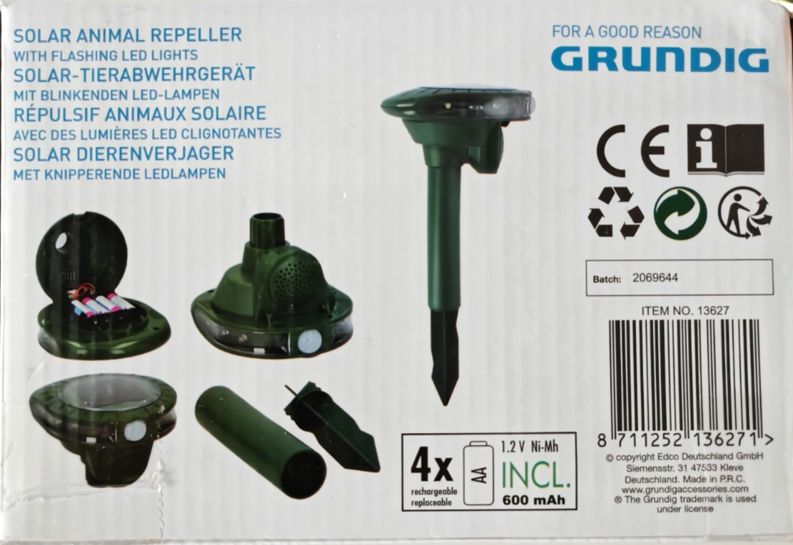 Grundig Solar Tierabwehr Ultraschall Tiervertreiber mit LED Blitz IP44 A8
