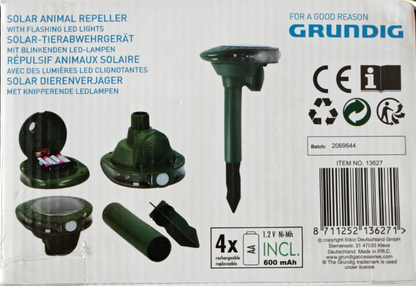 Grundig Solar Tierabwehr Ultraschall Tiervertreiber mit LED Blitz IP44 A8