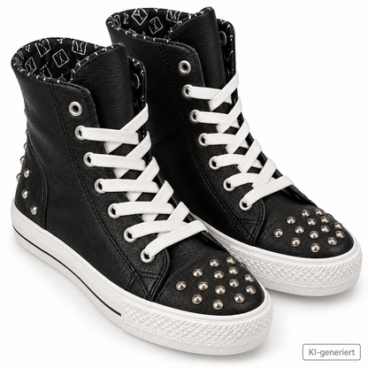 MANAS Loscarpe Damen High Top Sneaker Gr. 36 Schwarz Nieten Schnürschuhe