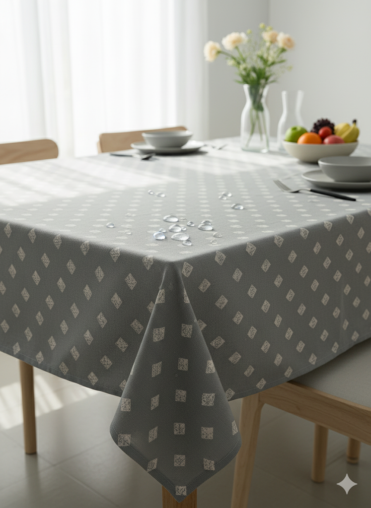 Tischdecke 140x250 cm Grau Weiß Wasserabweisend Baumwolle Polyester Rauten E5