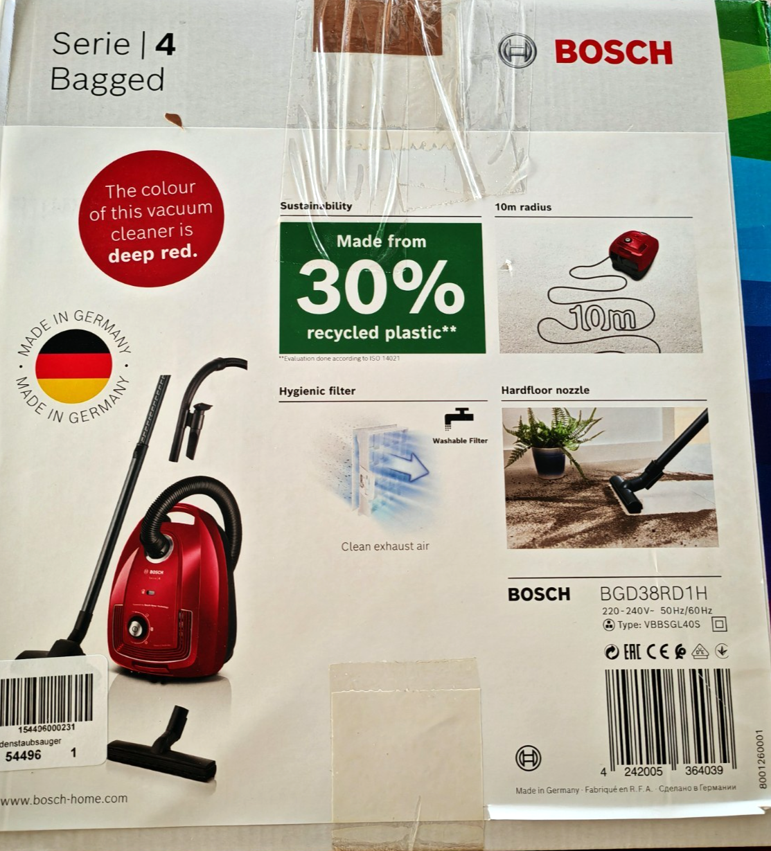 Bosch Serie 4 BGD38RD1H Staubsauger Beutel 600W Hygienefilter Rot Profi HO-031