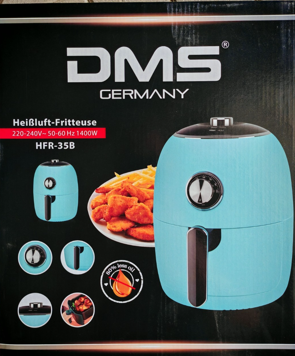 DMS Retro Heißluftfritteuse 3,5L 1400W Blau Airfryer Fettarm HFR-35B HO-A21