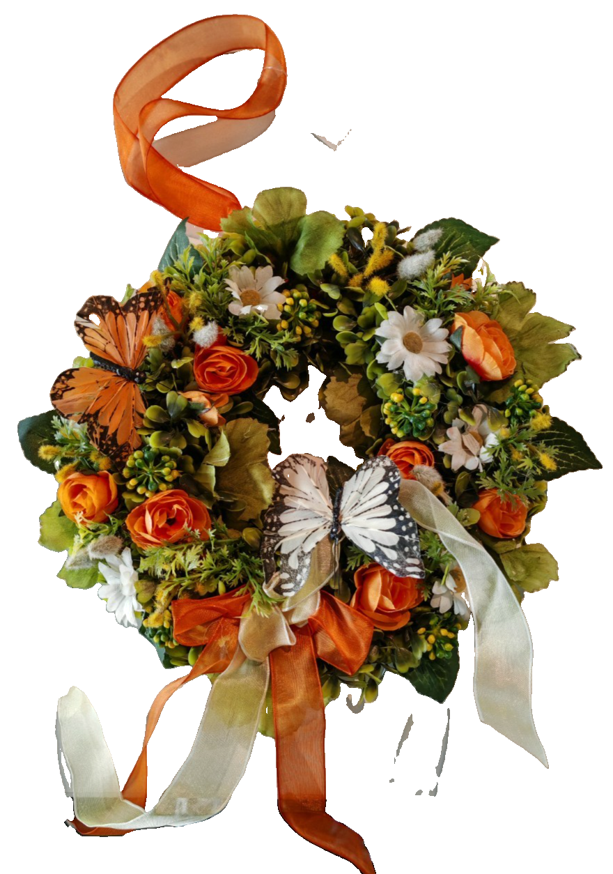 Türkranz Blumenkranz 25 cm Orange Weiß Schmetterlinge Kunstblumen Deko E6