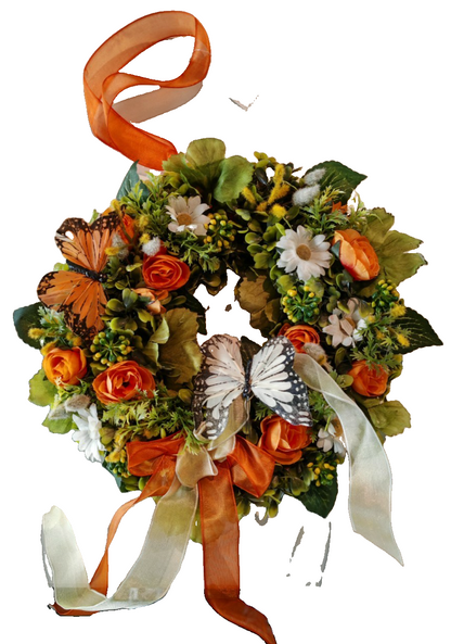 Türkranz Blumenkranz 25 cm Orange Weiß Schmetterlinge Kunstblumen Deko E6