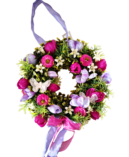Türkranz Blumenkranz Rosa Lila Kunstblumen Schmetterlinge Frühling Sommer E7