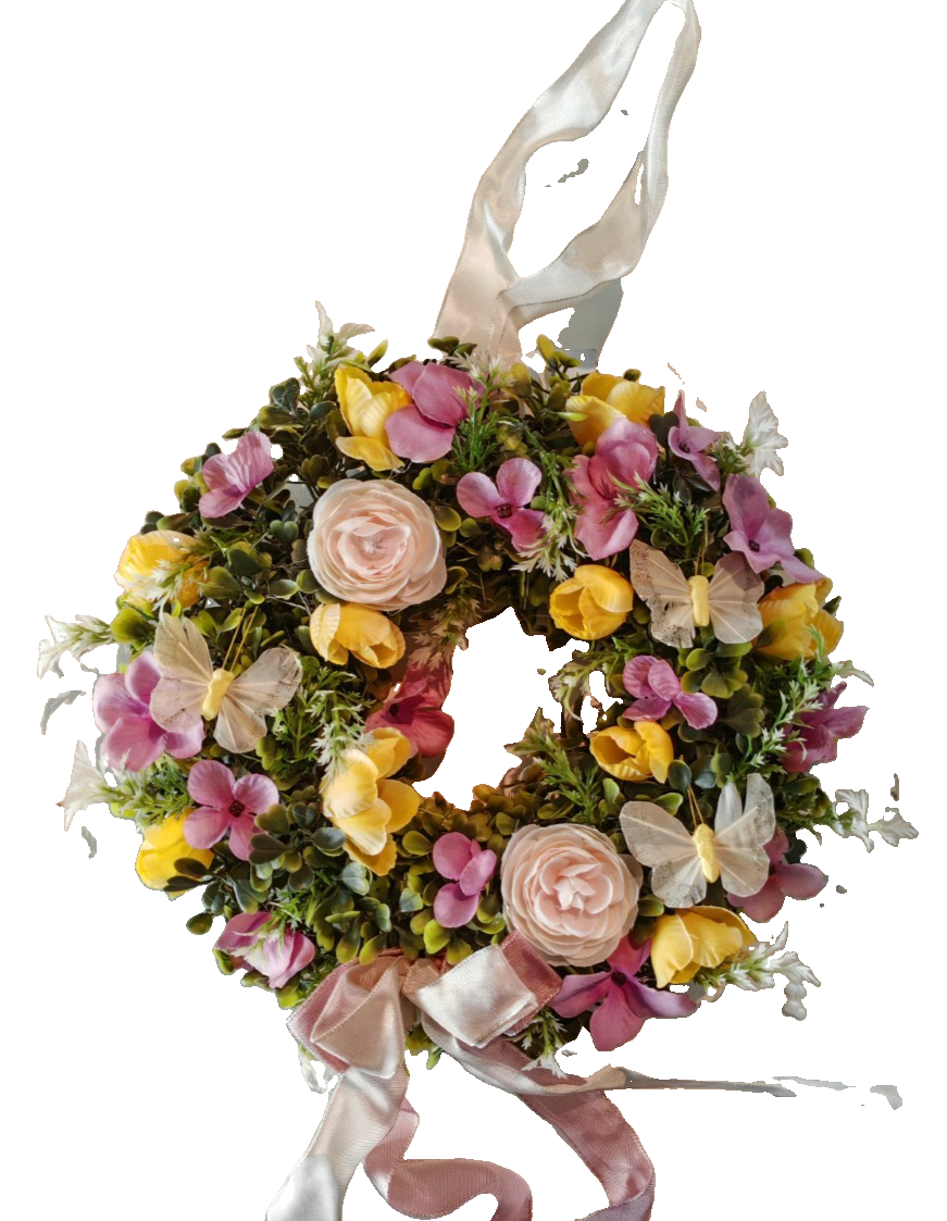 Türkranz Blumenkranz 25cm Kunstblumen Rosa Gelb Schmetterlinge Frühlingsdeko E7
