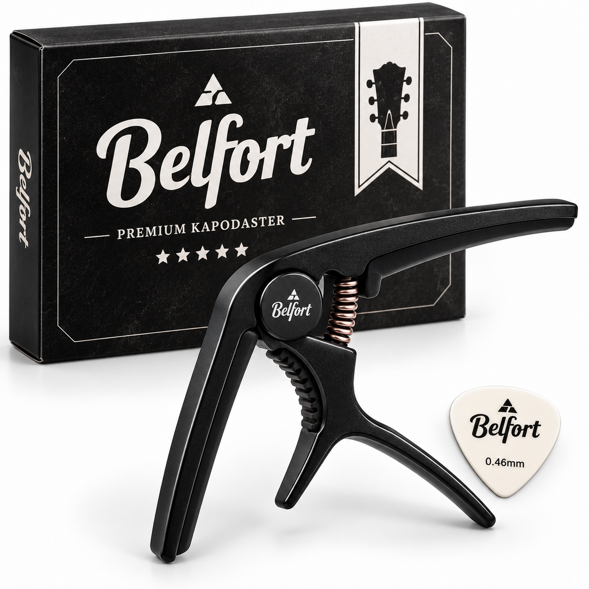 Belfort Premium Kapodaster Gitarre Capo Schwarz inkl. Plektrum 0,46 mm D8