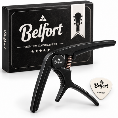 Belfort Premium Kapodaster Gitarre Capo Schwarz inkl. Plektrum 0,46 mm D8