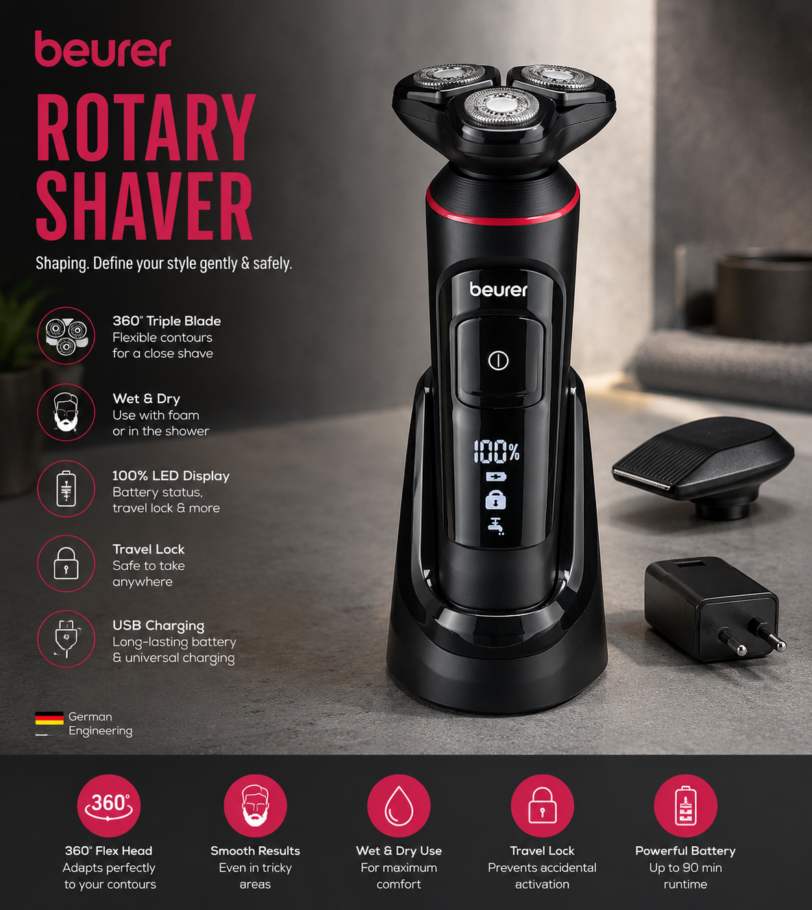 Beurer MN8X Rotationsrasierer 360° Flex Rasierkopf Wasserdicht Präzision C2