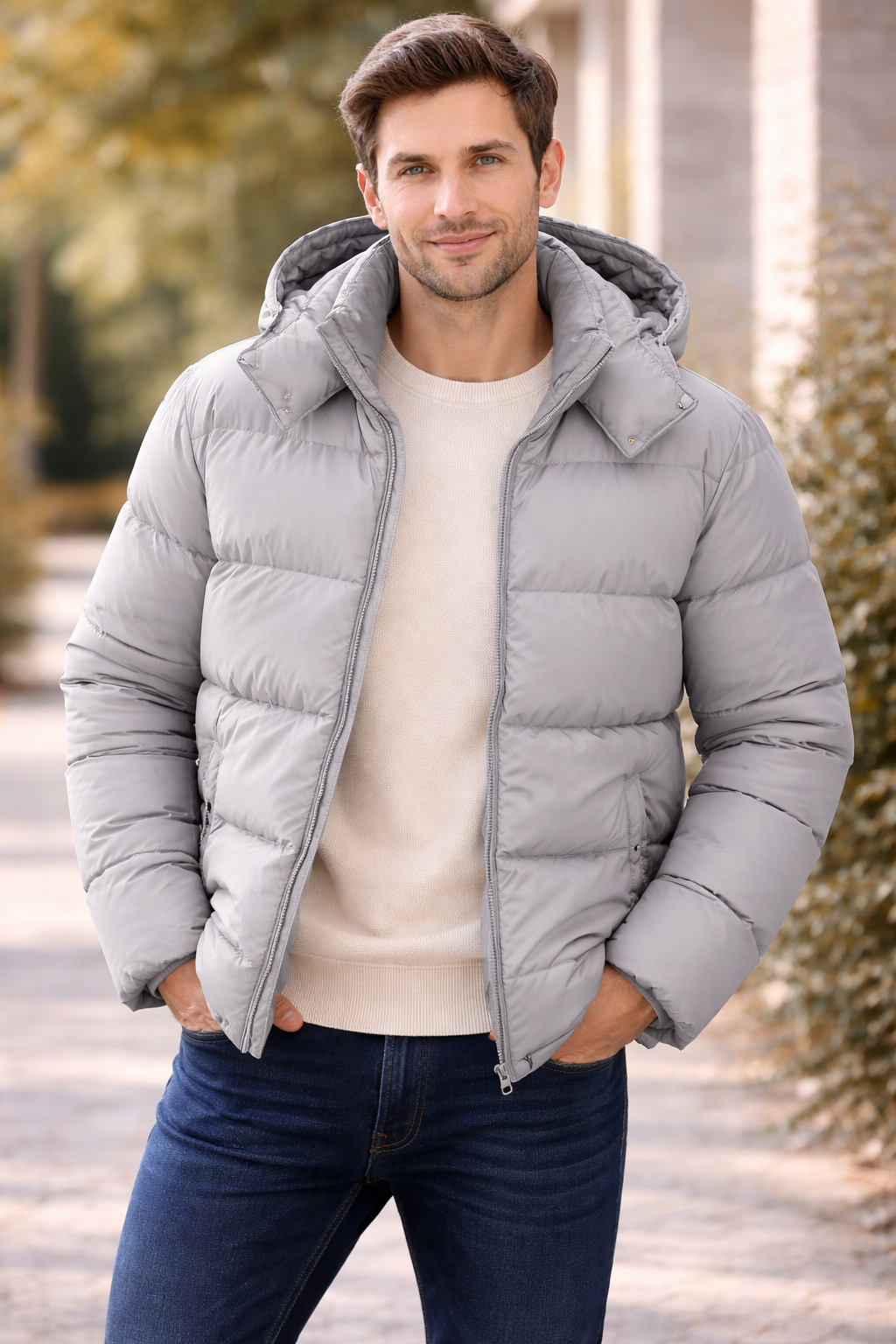 Strandfein Menswear Herren Steppjacke Taupe Kapuze abnehmbar
