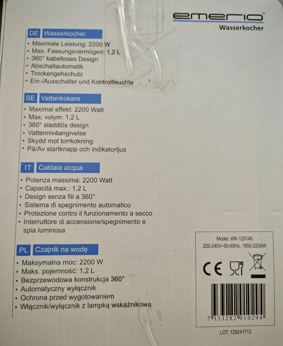 Emerio WK-125145 Glas Wasserkocher 1,2L 2200W LED Borosilikatglas BPA-frei HOA5