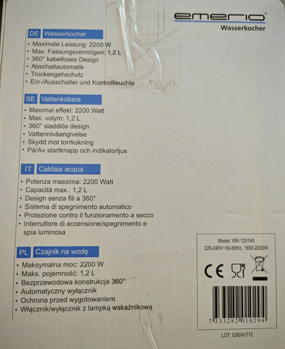 Emerio WK-125145 Glas Wasserkocher 1,2L 2200W LED Borosilikatglas BPA-frei HOA5