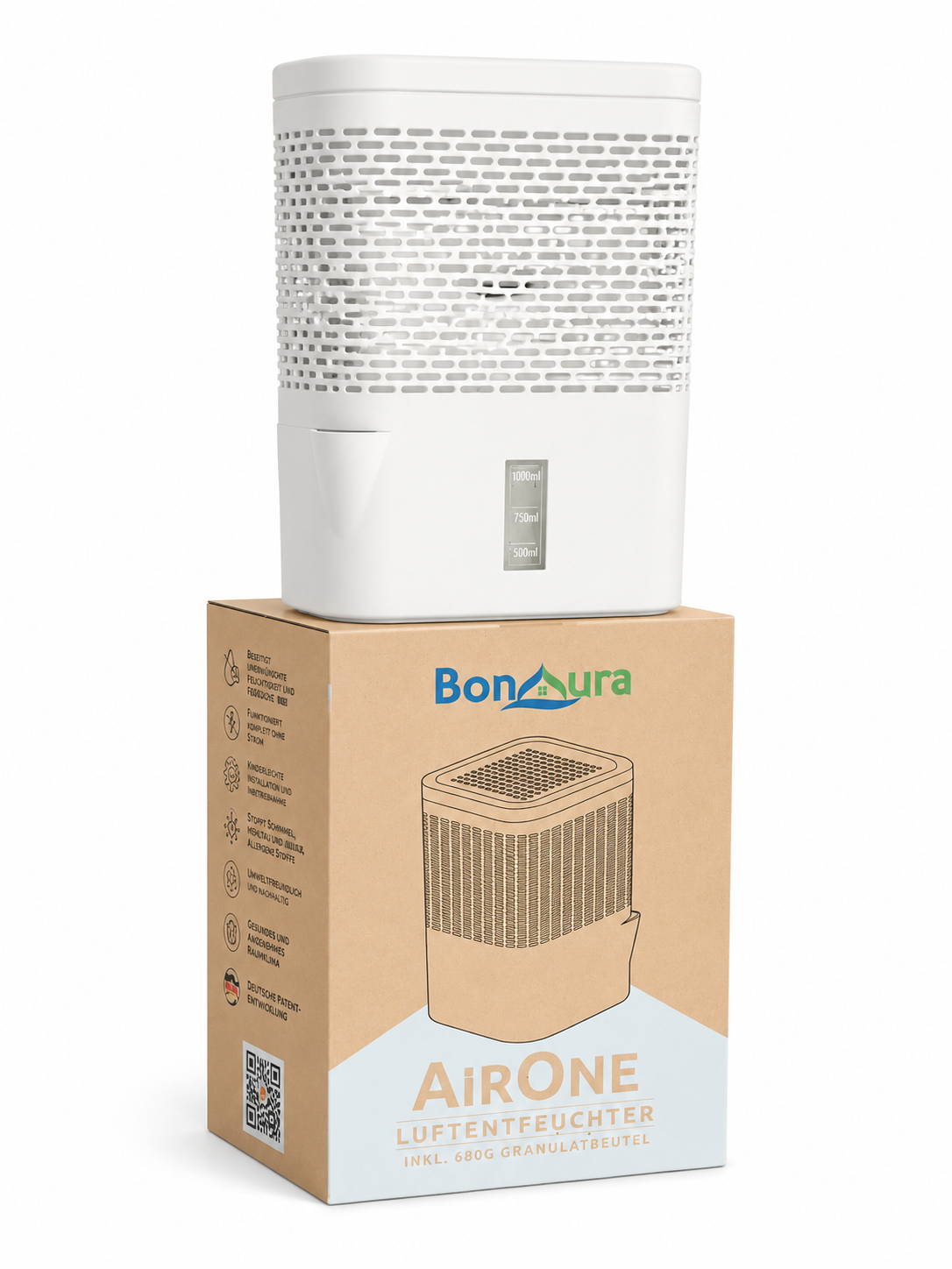 BonAura AirOne Luftentfeuchter 680g Granulat 55m³ 1L o. Strom Entfeuchter HA28 W