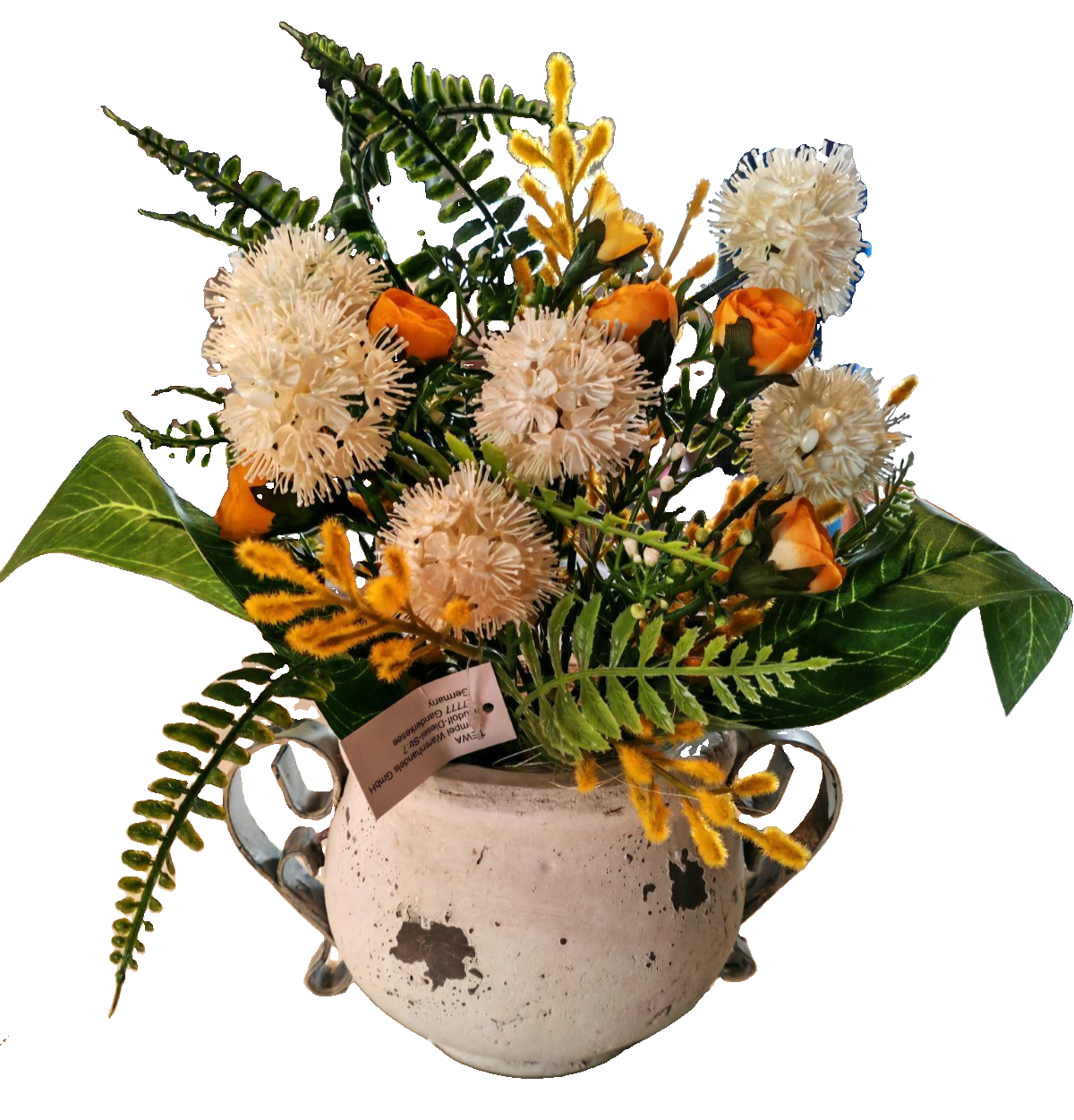 Künstliches Blumengesteck Allium Mimose Rosen Gelb Weiß Deko Vase 30 cm