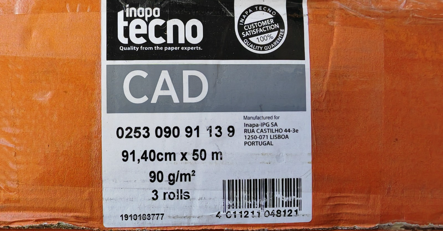 3x Inapa Tecno CAD 90g, 91,40 x 50 meter, Plotterpapier