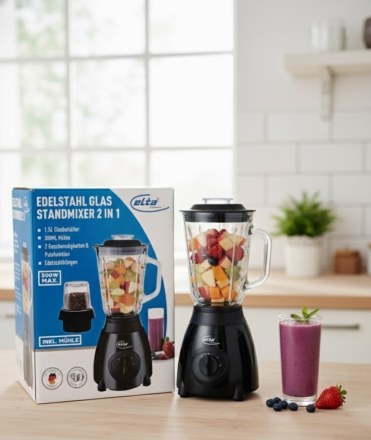 Elta Edelstahl Glas Standmixer 2in1 1,5 L inkl. 300 ml Mühle Küchenmixer