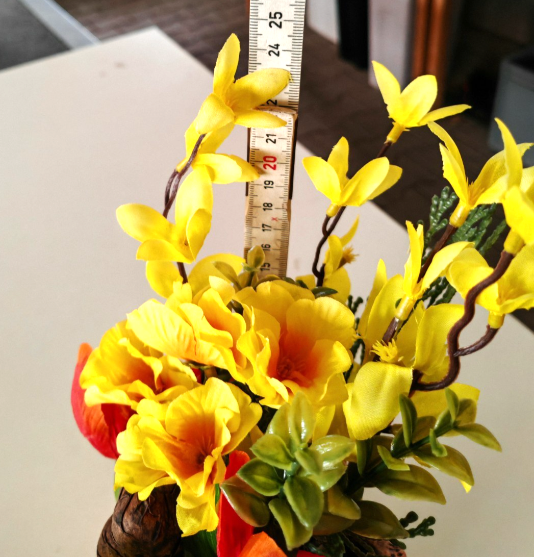 Kunstblumen Gesteck 25 cm Gelb Rot Frühlingsdeko Tulpen Narzissen Tischdeko B3