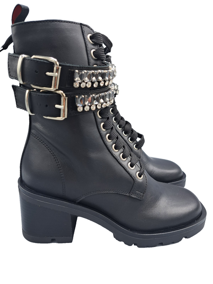 MAX&Co Deducono Damen Boots Leder Schwarz Strass Schnalle Stiefelette Gr. 36 G1