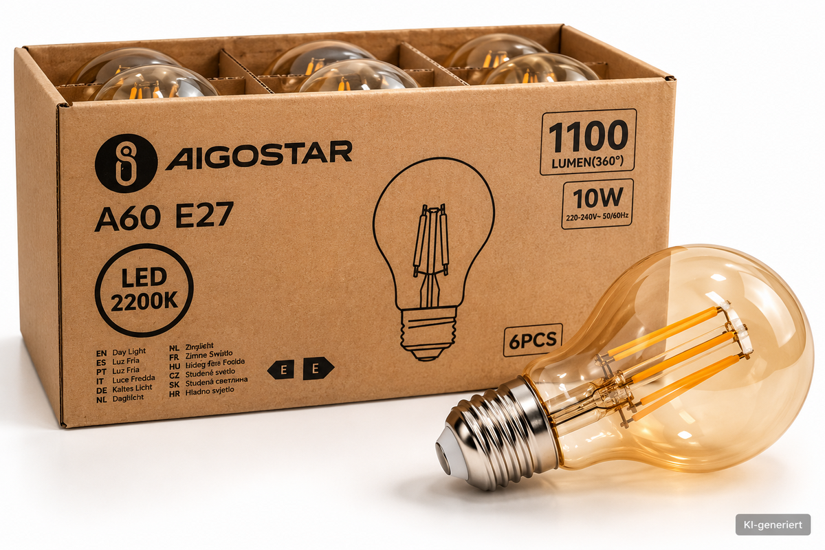 Aigostar LED Filament Glühbirnen 6er Set E27 A60 10W 1100lm 2200K Warmweiß HA34