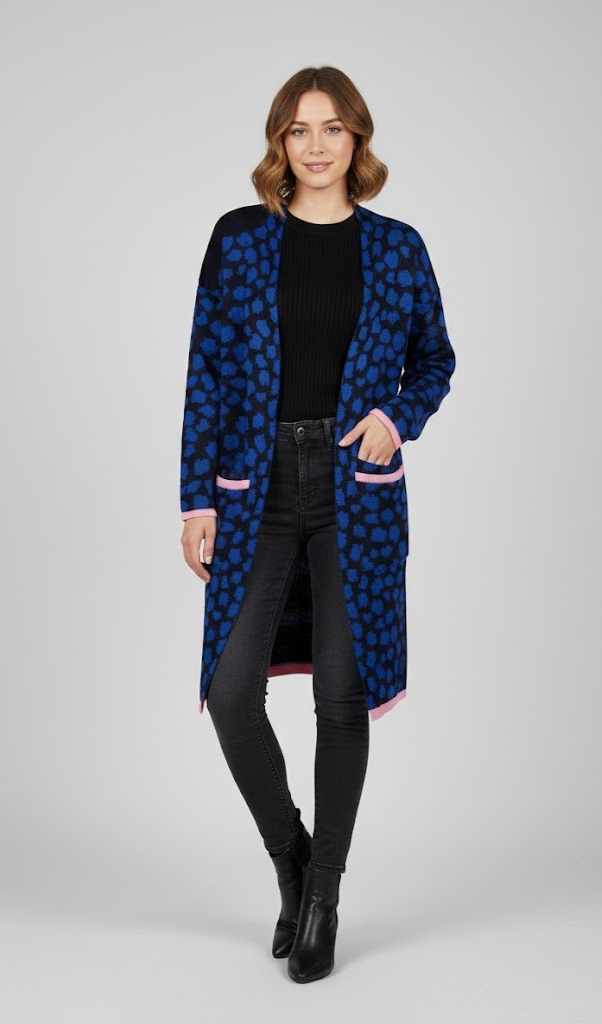 Lyla Damen Longcardigan Gr. 40 Blau Schwarz Gemustert Offene Front Taschen G3