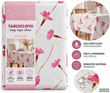 Tischdecke 140x250 cm Abwaschbar PVC Blumen Rosa Weiß Blüten Gartentisch E4