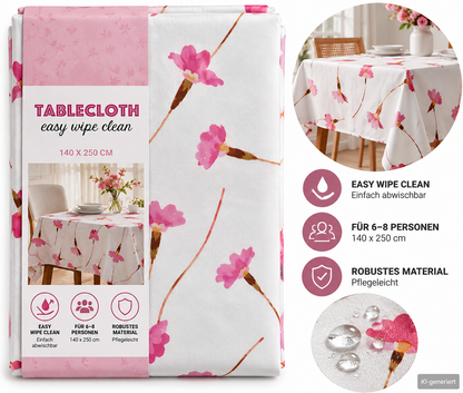 Tischdecke 140x250 cm Abwaschbar PVC Blumen Rosa Weiß Blüten Gartentisch E4