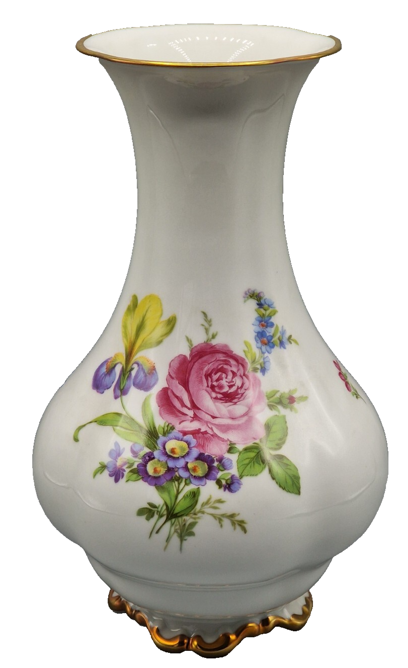 Lindner Porzellan Vase Blumendekor Goldrand Rosen Handarbeit Bavaria