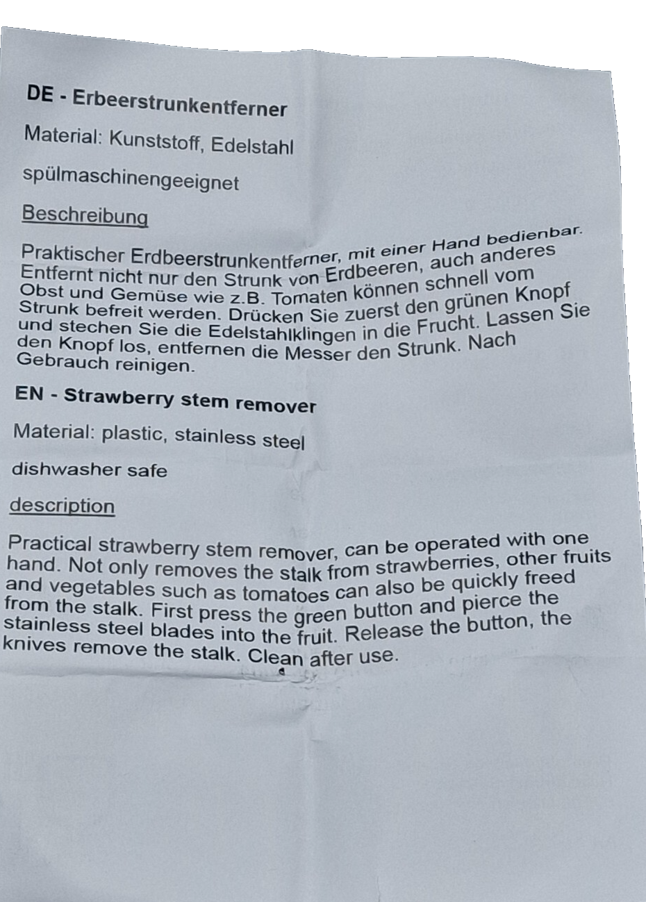 Erdbeerstrunkentferner Edelstahl Kunststoff Erdbeerentstieler Küchenhelfer B6