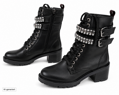 MAX&Co Deducono Damen Boots Leder Schwarz Strass Schnalle Stiefelette Gr. 36 G1