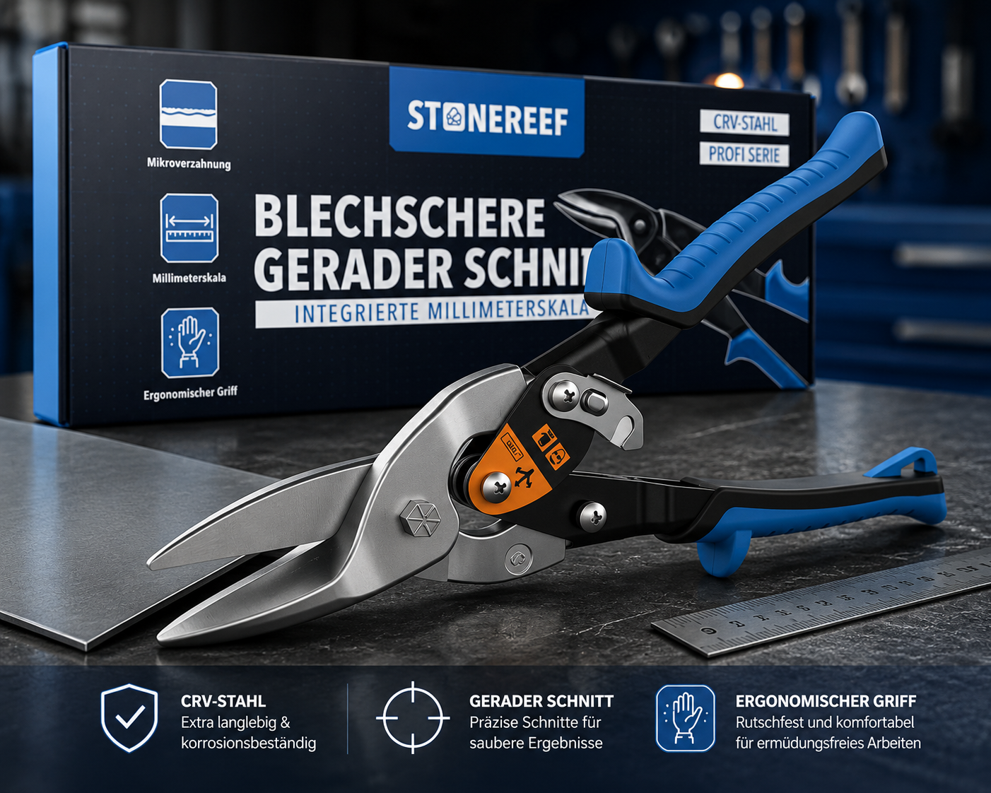 Blechschere gerader Schnitt Millimeterskala Metallschere Blechschneider