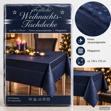 Weihnachts Tischdecke 130x170 cm Blau Jacquard Sterne Baumwolle Polyester E4