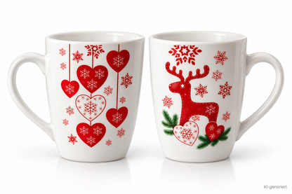 2x K-Mail Order Weihnachtstasse Hirsch Herzen Schneeflocken Rot Weiß Becher HA16