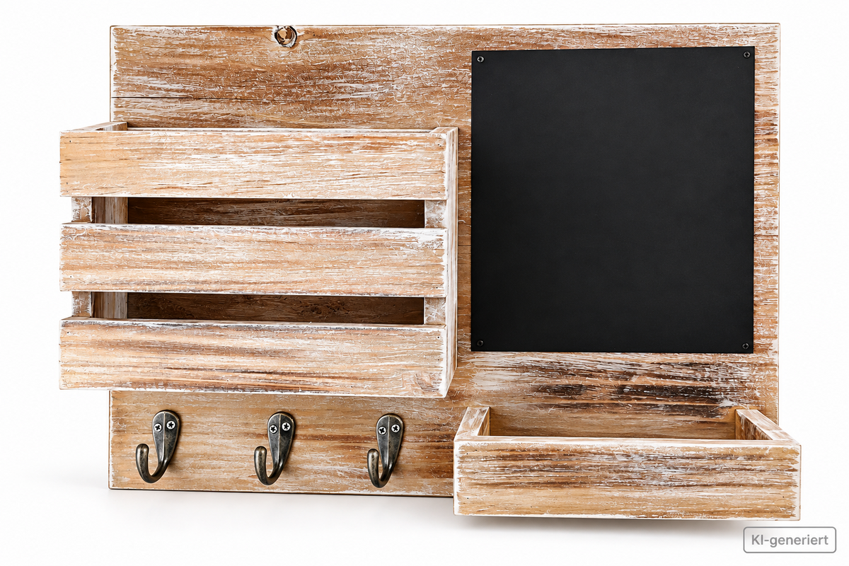 DUCIHBA Wandorganizer Holz Grau Schlüsselbrett 3 Haken Kreidetafel Ablage HA1