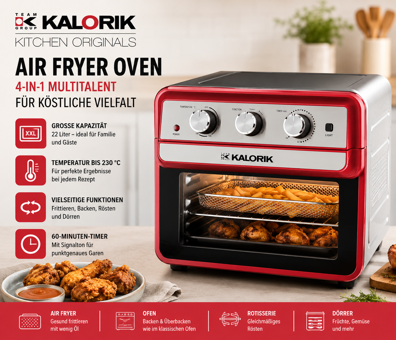 Kalorik TKG AFO 2000 RD 4in1 Air Fryer Ofen Heißluftfritteuse 22L 1700W Pal2