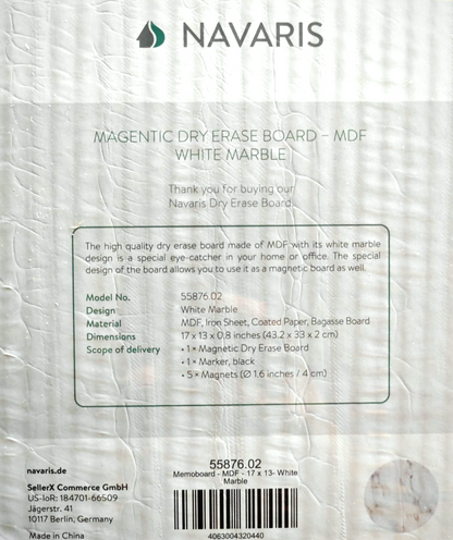 Navaris Magnettafel 33x43cm Memoboard Magnetpinnwand Weiß Marmor abwischbar H1