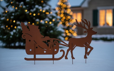 XXL Gartenstecker Weihnachtsmann & Schlitten Metall Rostoptik Weihnachtsdeko