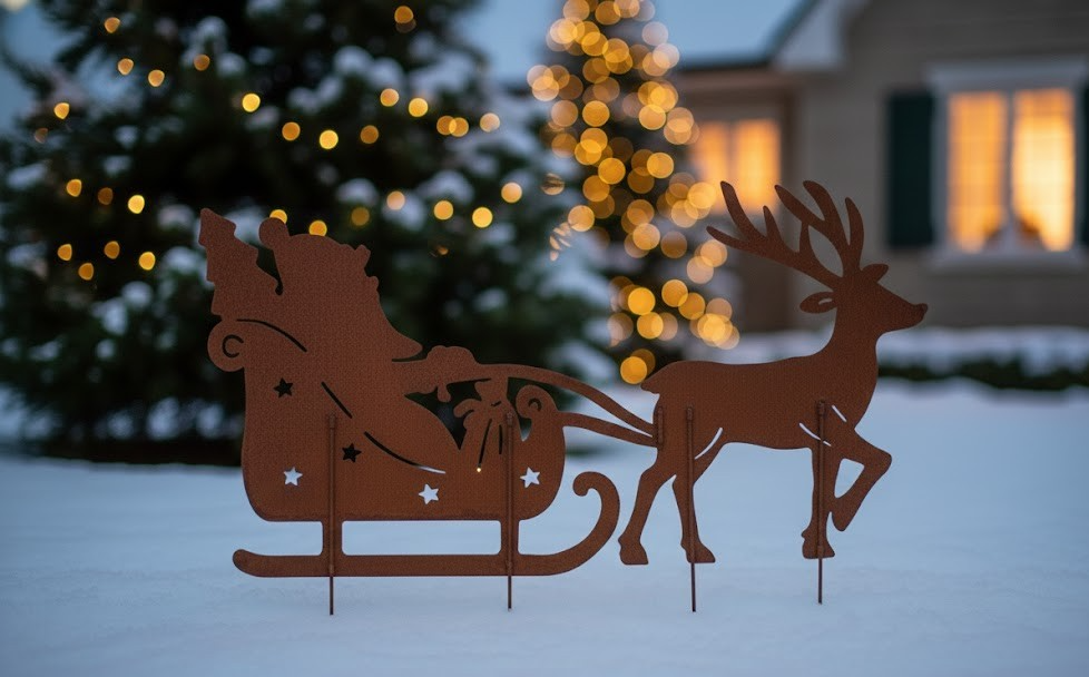 XXL Gartenstecker Weihnachtsmann & Schlitten Metall Rostoptik Weihnachtsdeko