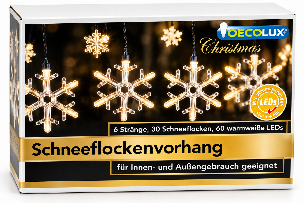 OECOLUX LED Schneeflockenvorhang 60 LEDs Warmweiß Außen Innen Weihnachten HA34