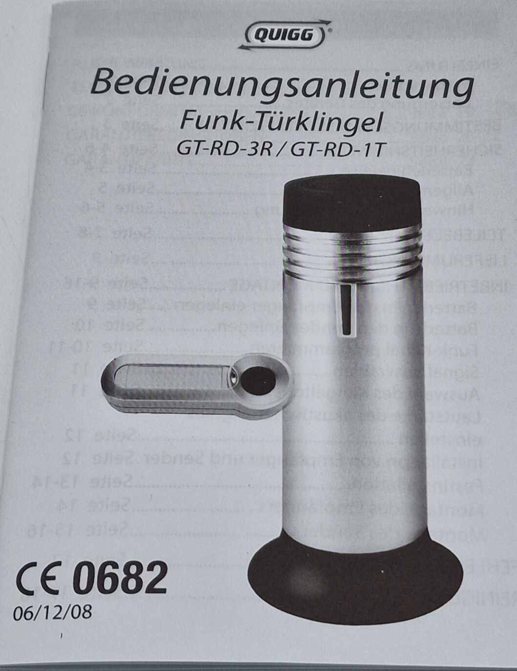 Quigg GT-RD-3R Funk Türklingel Kabellos Empfänger Funkgong Türgong 100m A6