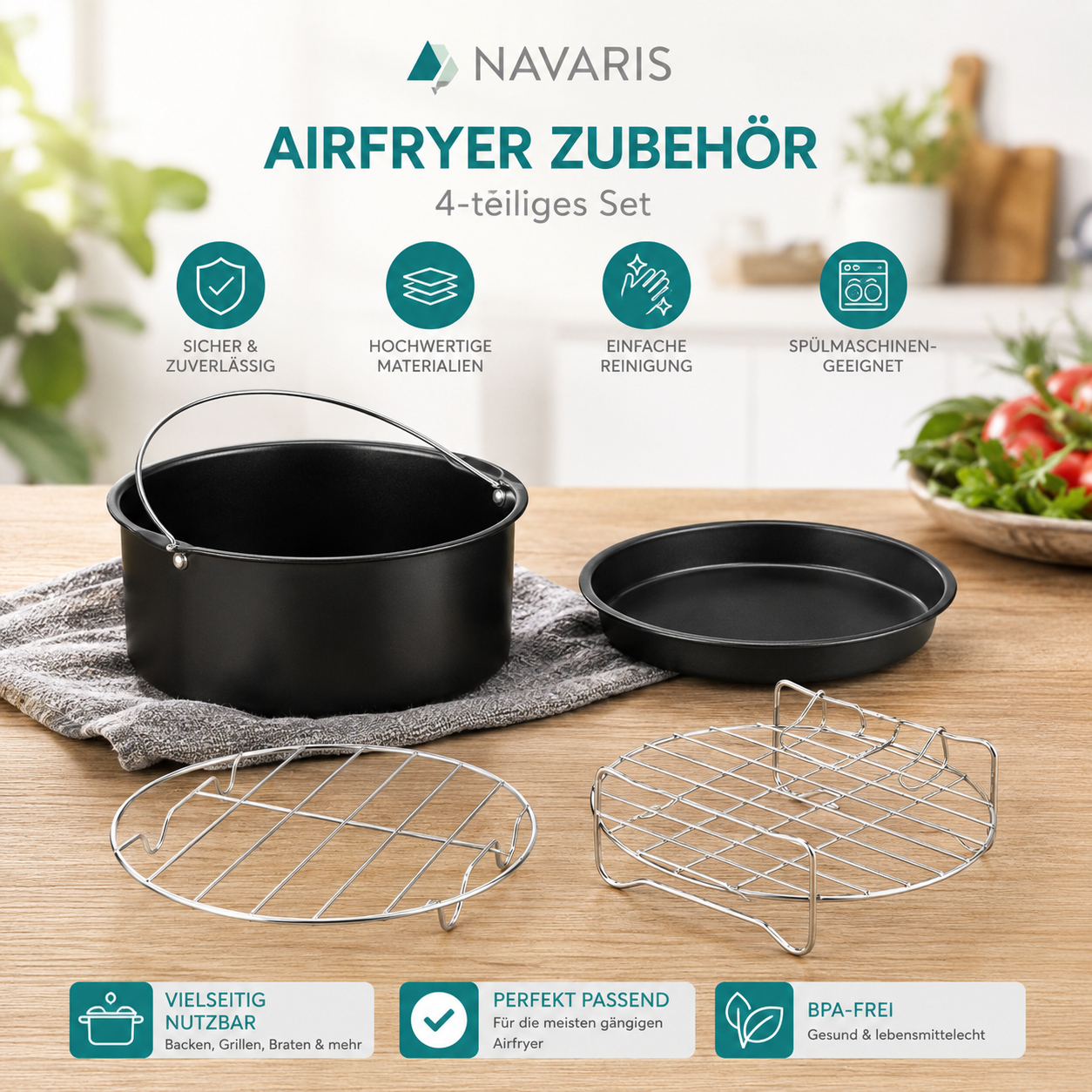 Navaris Airfryer Zubehör Set 4tlg Backformen Pizza Kuchen Heißluftfritteuse HA22