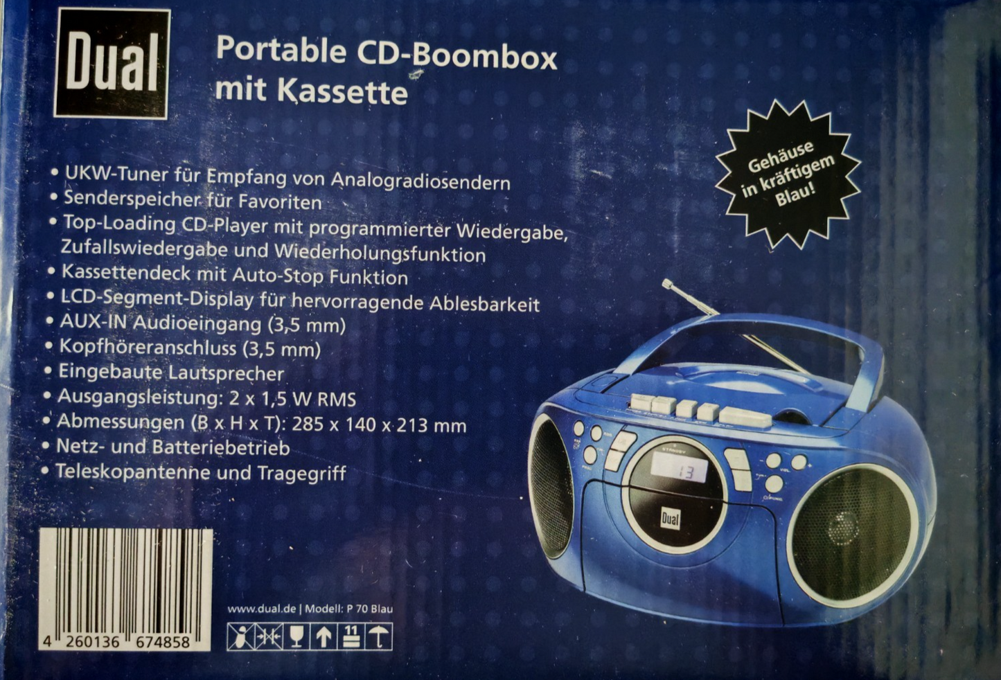Dual P70 Blau Kassettenradio CD Player UKW Boombox Stereo tragbar Radio A08